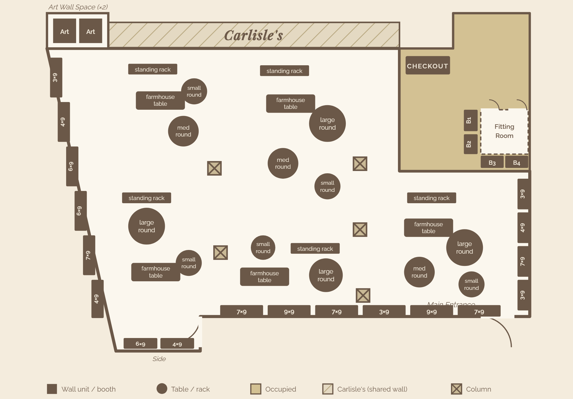 Floor plan of The Cozy Corner Market inside Carlisle's: wall units and booths line the perimeter, with standing racks, farmhouse tables, and small, medium, and large rounds across the floor. Checkout and a fitting room sit in the back corner, columns are marked across the room, and the main entrance is along the front. A legend identifies wall units and booths, tables and racks, occupied areas, Carlisle's shared wall, and columns.